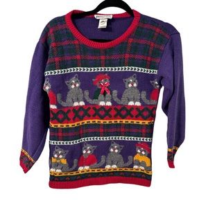 Vintage Girls Americana Cat Kitten Acrylic Sweater Made In USA M 10/12